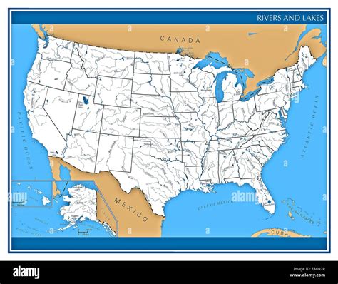 United States Map with Rivers and Lakes