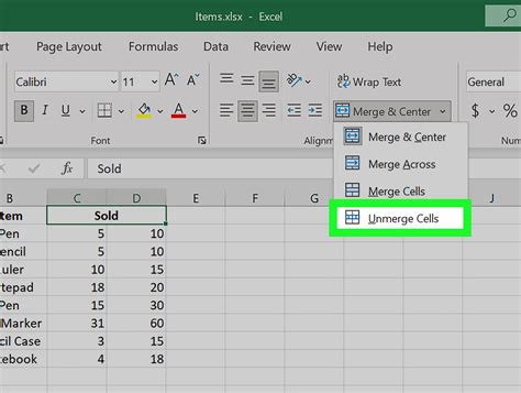 Unmerge Excel Cells