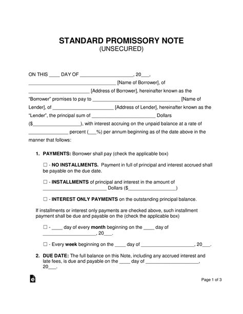 Unsecured Promissory Note Template Excel