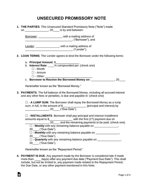 Unsecured Promissory Note Template Word