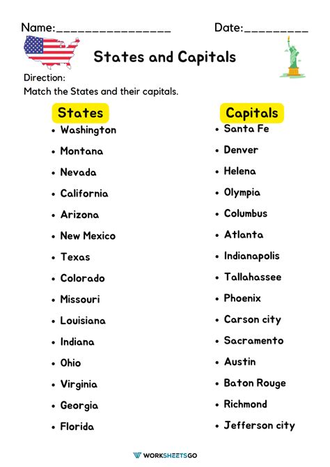 A US map with states and capitals worksheet template