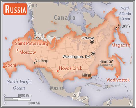 Map showing the geography between the US and Russia