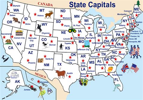 A close-up of a print US map with capitals, highlighting state capitals and major cities