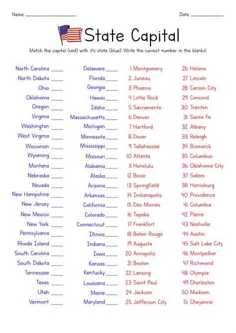 US States and Capitals Match Printable