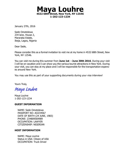 US Visa Invitation Letter Example 2