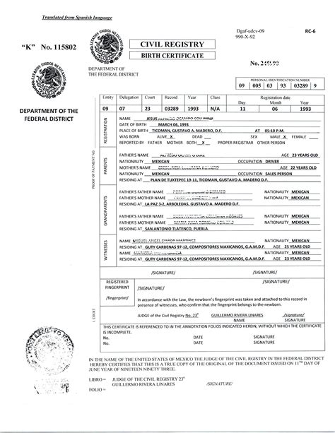 USCIS Birth Certificate Translation Sample