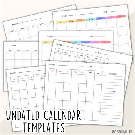 Using undated calendar printable templates for organization