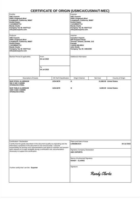 USMCA Certification of Origin Example