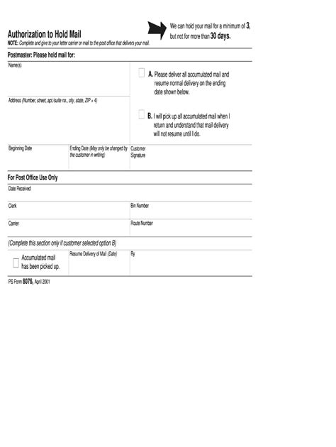 USPS Hold Mail Form Sample