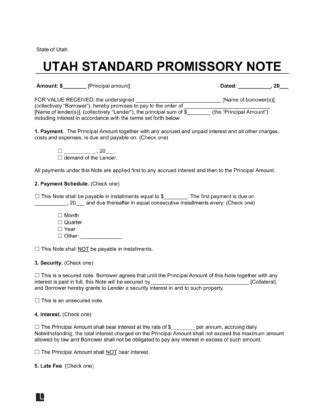 Utah Promissory Note Template Blank