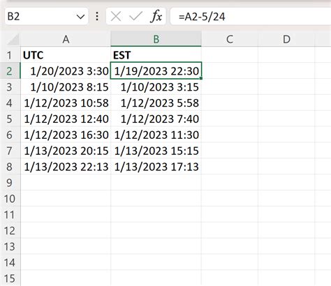 UTC to EST Excel Formula Example 10