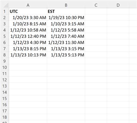 UTC to EST Excel Formula Example 4