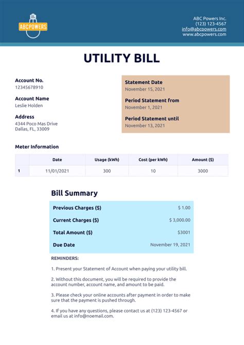 Utility bill template with breakdown of charges