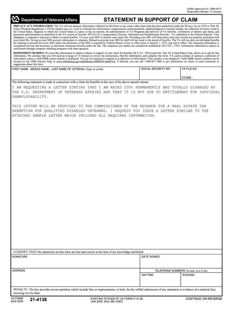 VA Form 21-4138 sample