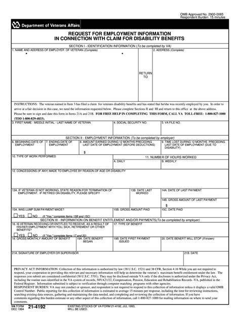 VA Form 21-4192 Rating Decision