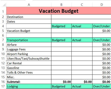 Vacation budget excel template