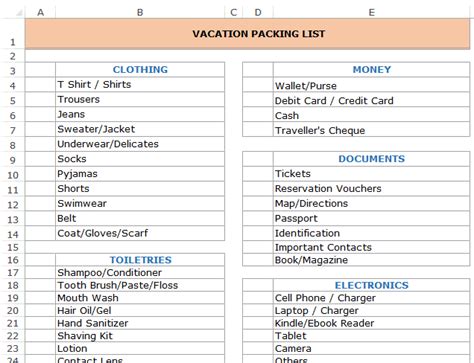 Vacation packing list excel template