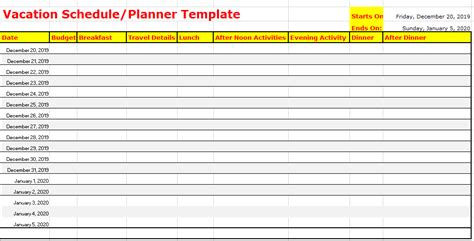 Vacation planning excel template