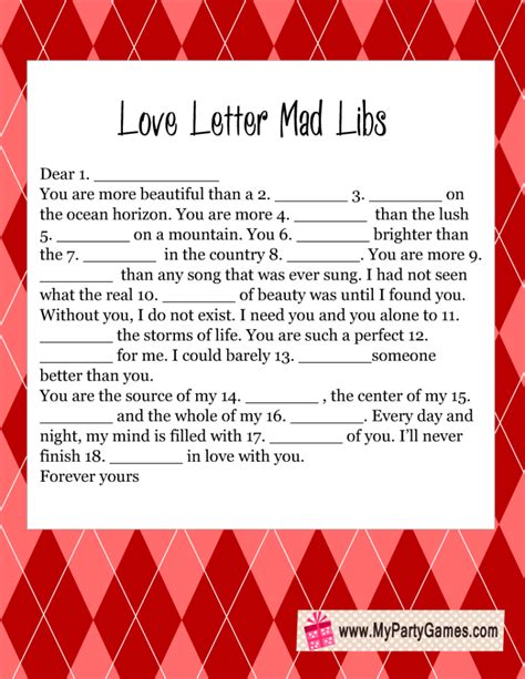 Valentine's Day Mad Libs Romance