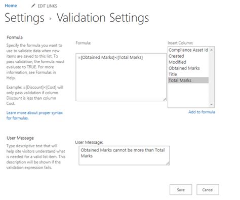 Validation settings in Excel