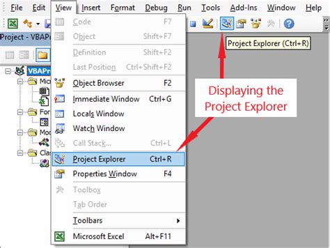 The Project Explorer in the VBA editor showing modules