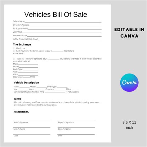 Vehicle Bill of Sale Form