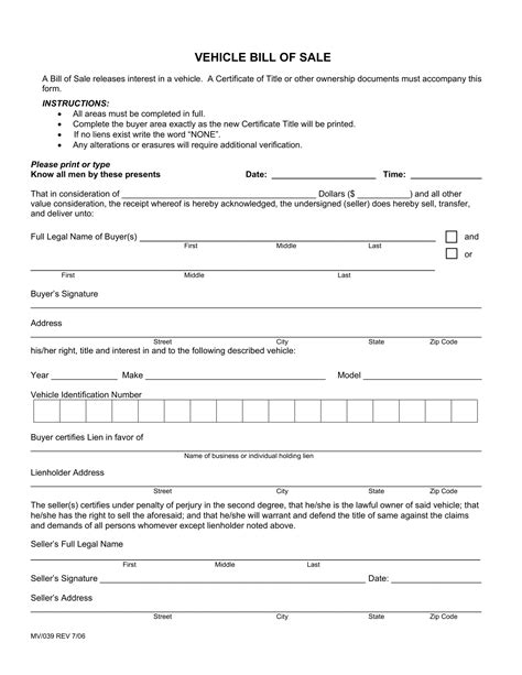 Vehicle Bill of Sale Form