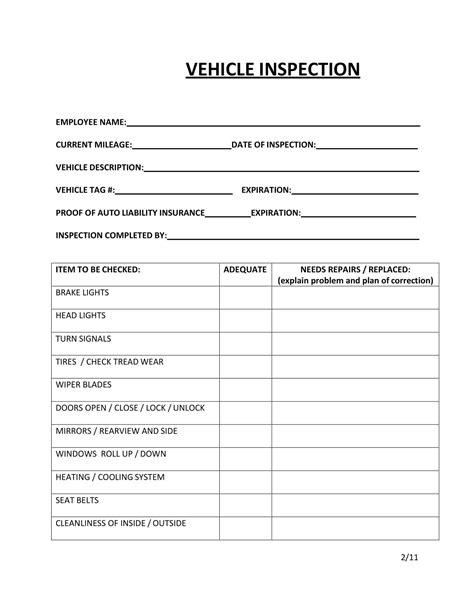 Vehicle Inspection Form Template PDF