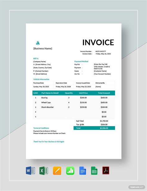 A vehicle inspection invoice template with all necessary information