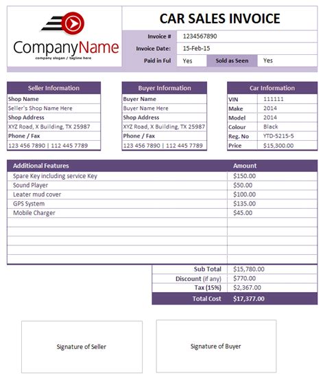 Vehicle Invoice Template Excel