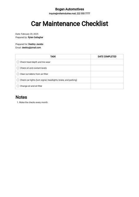 Vehicle Maintenance Checklist Template