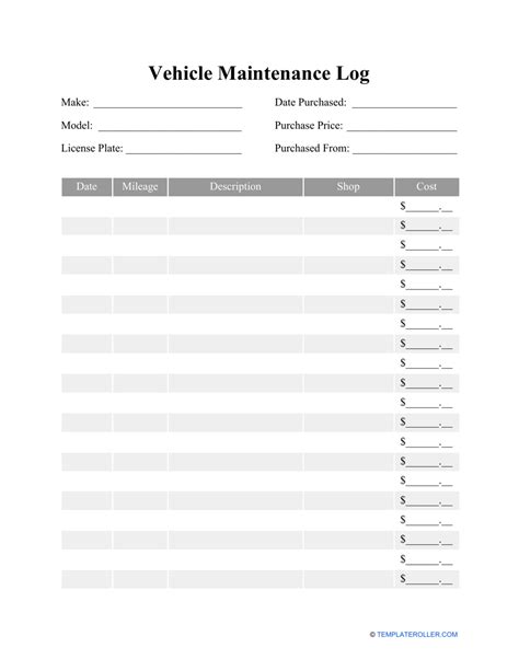 Vehicle Maintenance Log Template