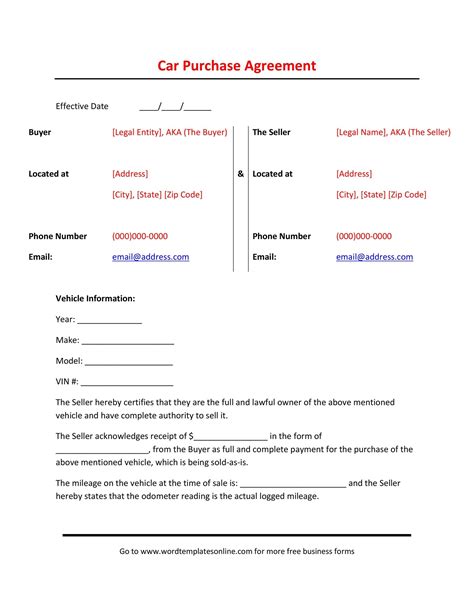 Vehicle Purchase Agreement Template in Word