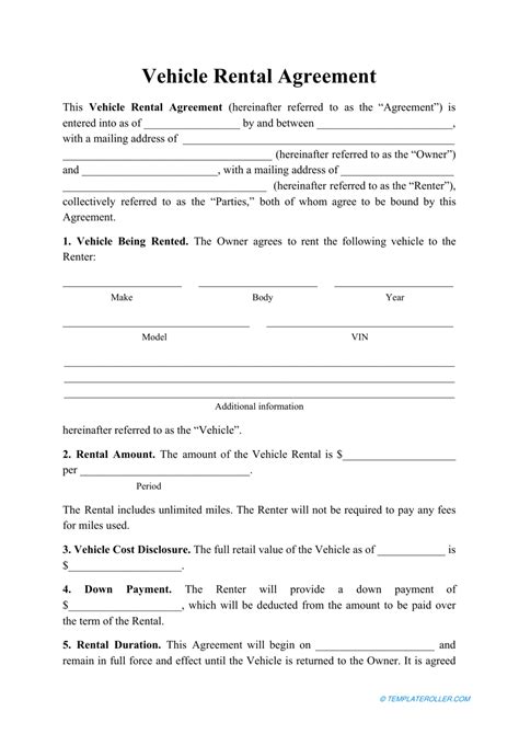 Vehicle Rental Agreement Template