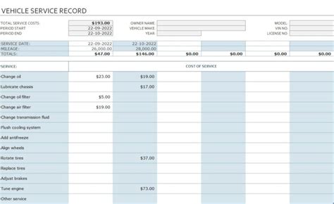 Vehicle Service Record Template Structure Example