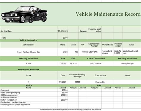 Vehicle Servicing Record Template