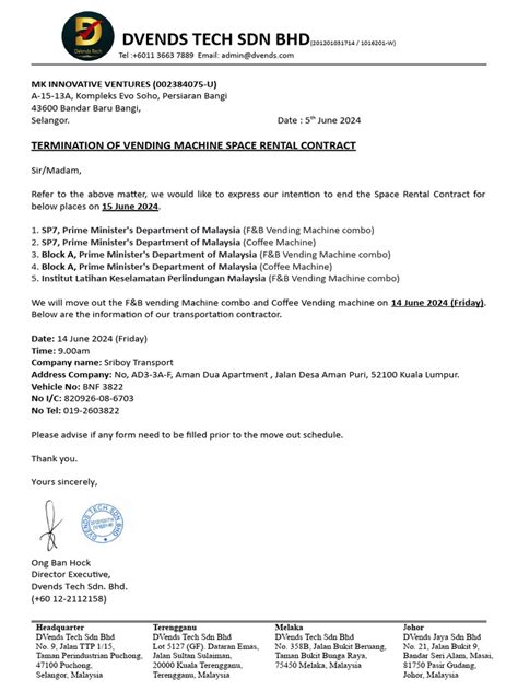 Vending Machine Termination Procedures