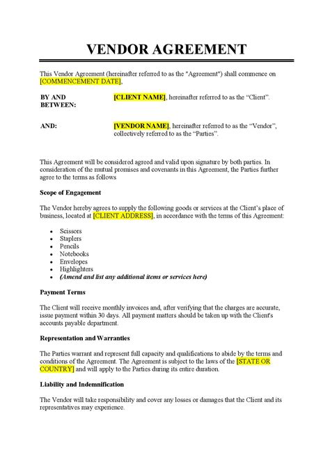 Vendor Agreement Template Excel