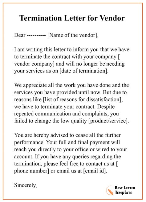 Vendor Termination Letter Template