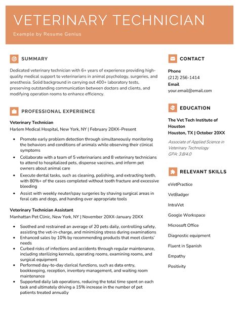 Vet Tech Experienced Resume Template