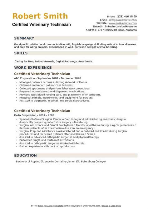 Vet Tech Resume Certifications