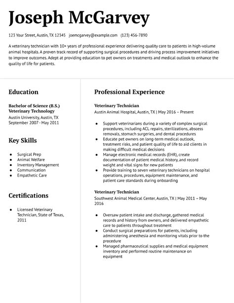 Vet Tech Resume Education