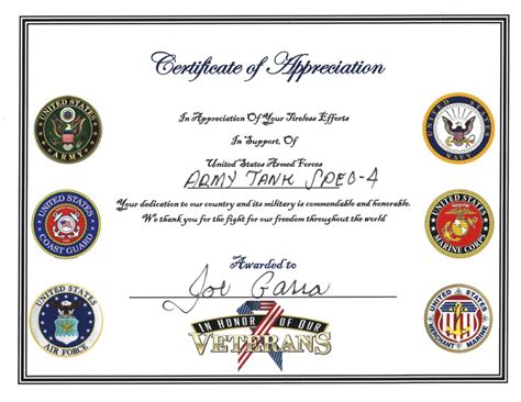 Veteran Certificate of Appreciation