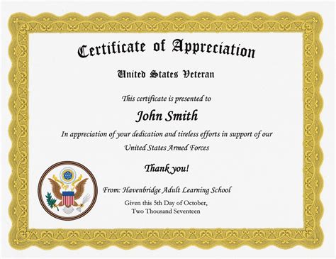 Veteran Certificates of Appreciation