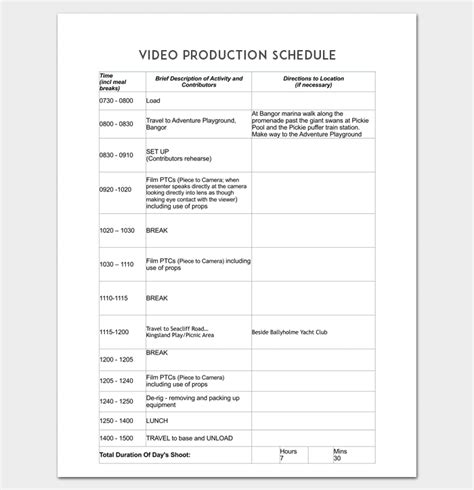 Video production scheduling template in PDF