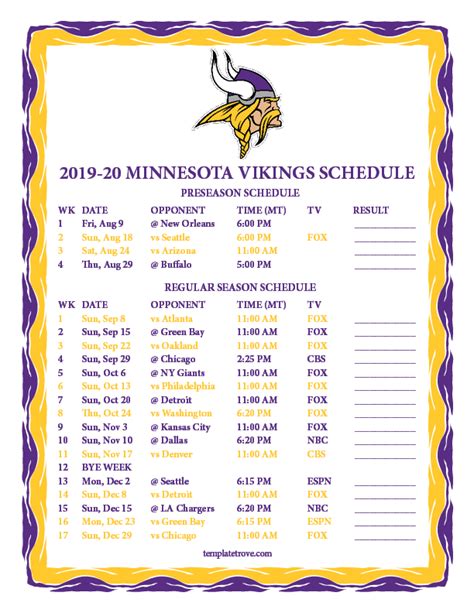 Vikings Schedule Printable PDF