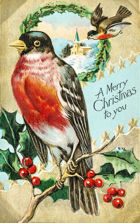 A vintage Christmas postcard illustration featuring watercolor and ink techniques