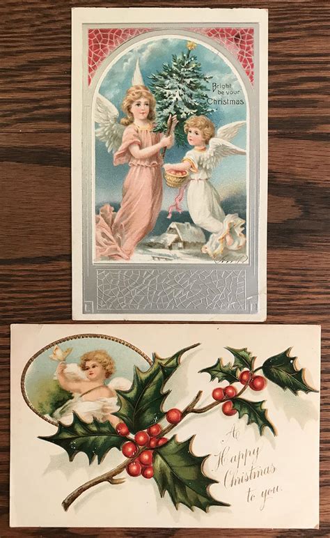 A vintage Christmas postcard illustration featuring embossing and die-cutting techniques