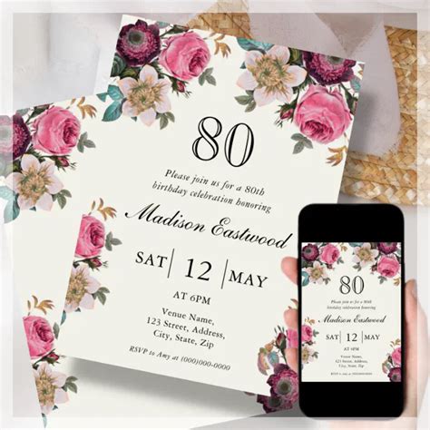 Vintage Floral 80th Birthday Invitation