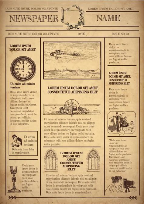 Vintage newspaper template with illustrations and advertisements